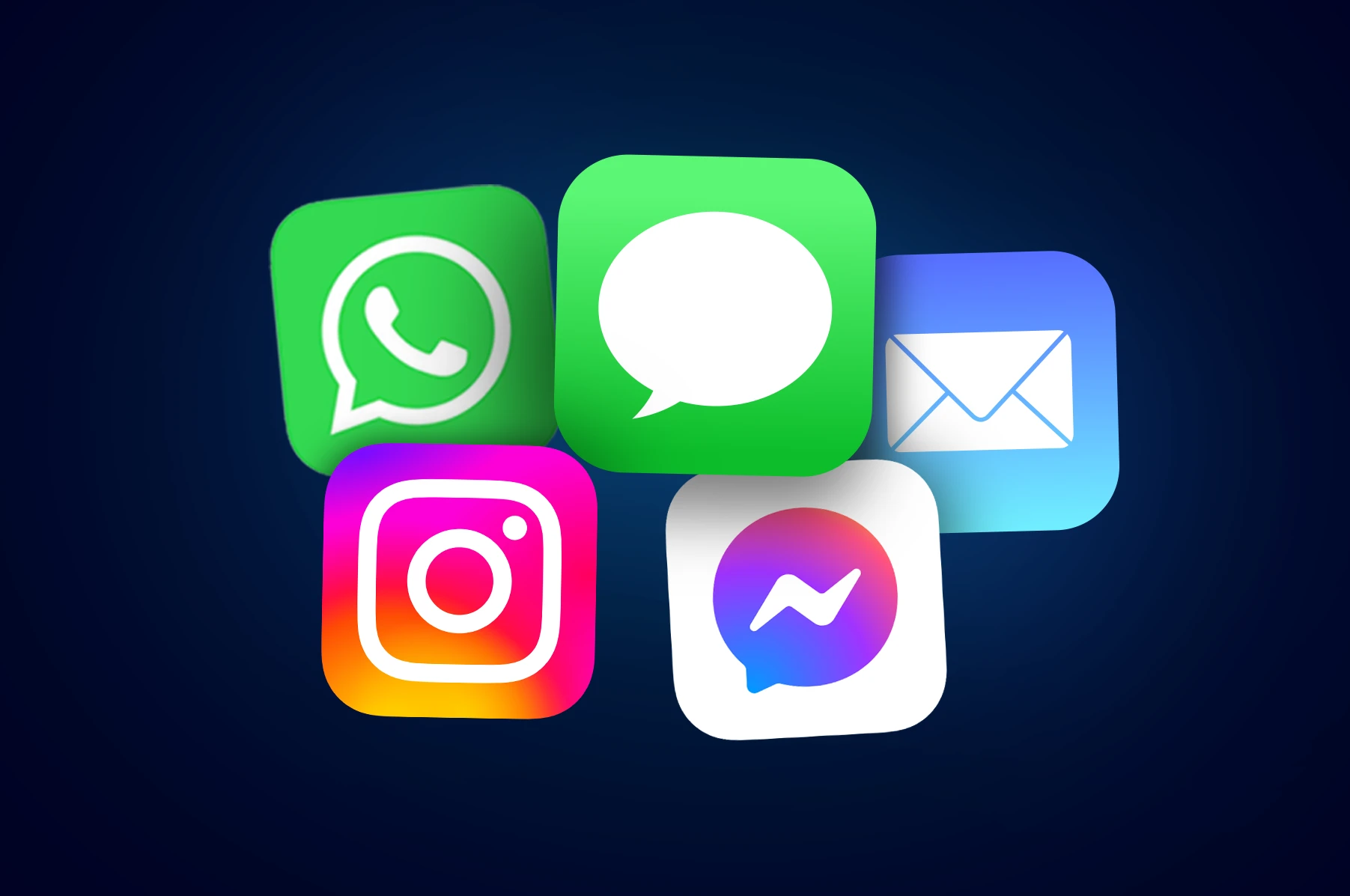 Cinq icônes de communication sur fond bleu foncé : WhatsApp, Messages, e-mail, Instagram et Messenger, disposées en groupe avec un effet de relief.